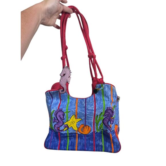 Sally Huss Handbags - Vintage Sally Huss Sea Life Colorful Tote Bag with Wooden Sea Horse Charm Artsy